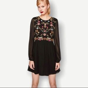 ZARA Trafaluc Black Sheer Swiss Dot Sleeve Floral Embroidered Mini Boho Dress